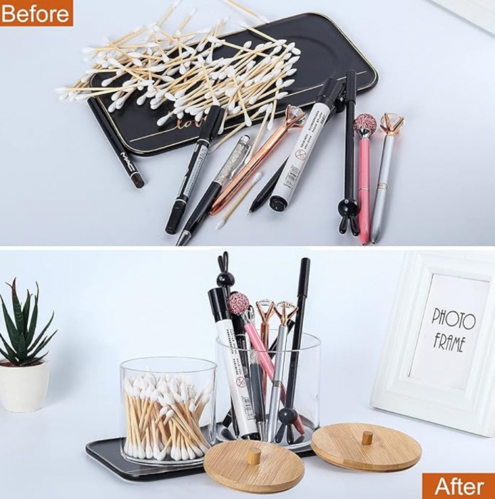 Organizator pentru cosmetice, suport dischete demachiante, depozitare betisoare urechi, transparent, capac bambus, 10x10 cm [3]
