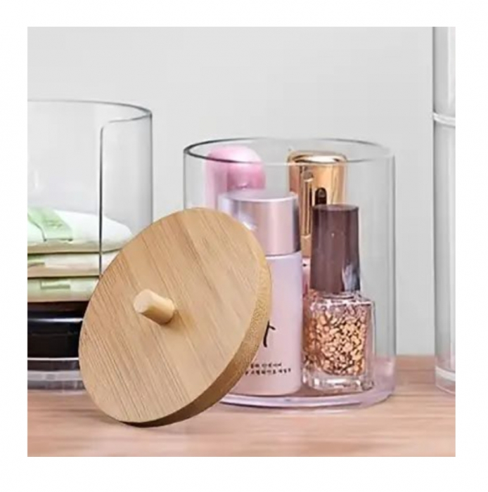 Organizator pentru cosmetice, suport dischete demachiante, depozitare betisoare urechi, transparent, capac bambus, 10x10 cm [6]