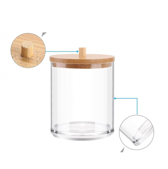 Organizator pentru cosmetice, suport dischete demachiante, depozitare betisoare urechi, transparent, capac bambus, 10x10 cm [8]