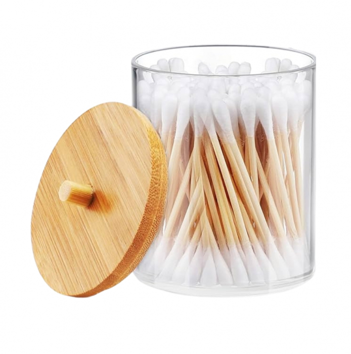 Organizator pentru cosmetice, suport dischete demachiante, depozitare betisoare urechi, transparent, capac bambus, 10x10 cm [10]