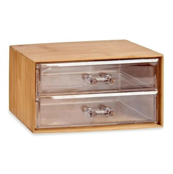Organizator pentru produse cosmetice, bijuterii, machiaj, cu 2 sertare tansparente, cutie depozitare bambus, 18x10x9,5 cm [3]