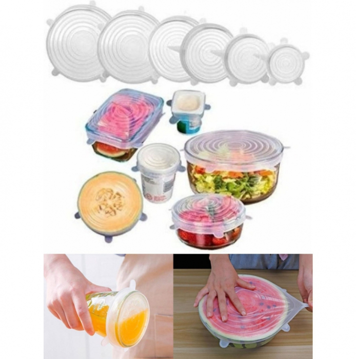 Set 6 Capace flexibile din Silicon, reutilizabile, extensibile, capac pentru vase/recipiente, transparente, diferite dimensiuni [5]