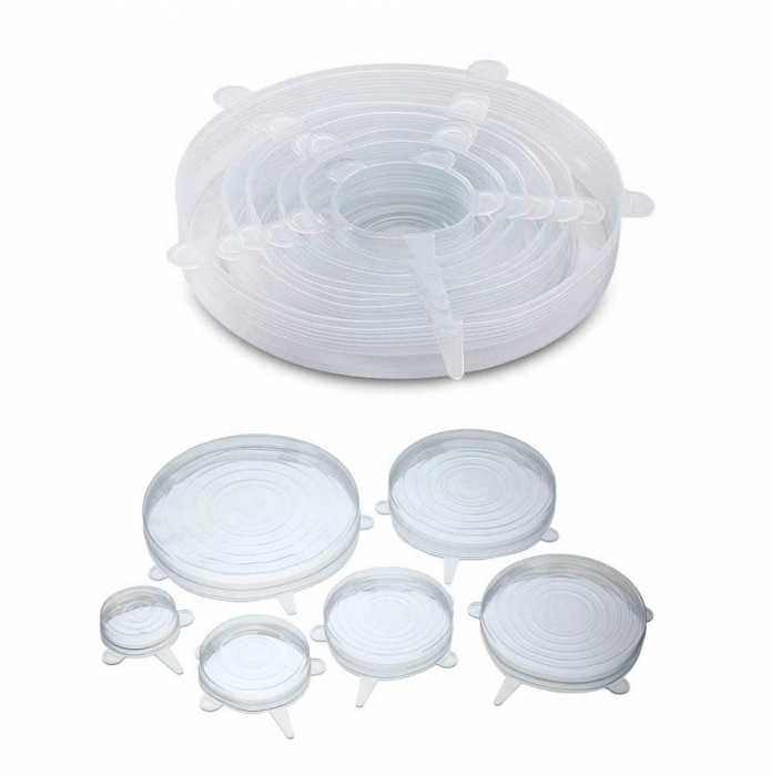 Set 6 Capace flexibile din Silicon, reutilizabile, extensibile, capac pentru vase/recipiente, transparente, diferite dimensiuni [6]