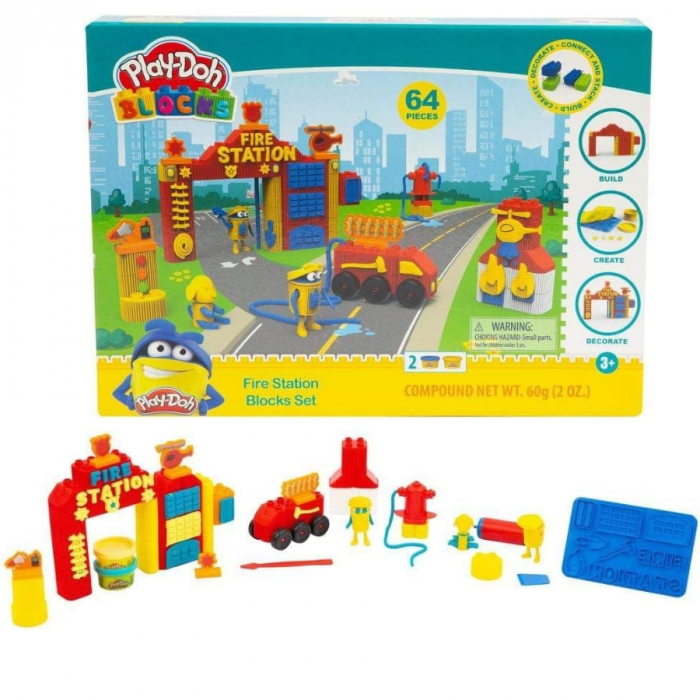Set de joaca PLAY-DOH Blocks, Constructie Statie Pompieri, 64 piese, 3 ani+, Multicolor [3]