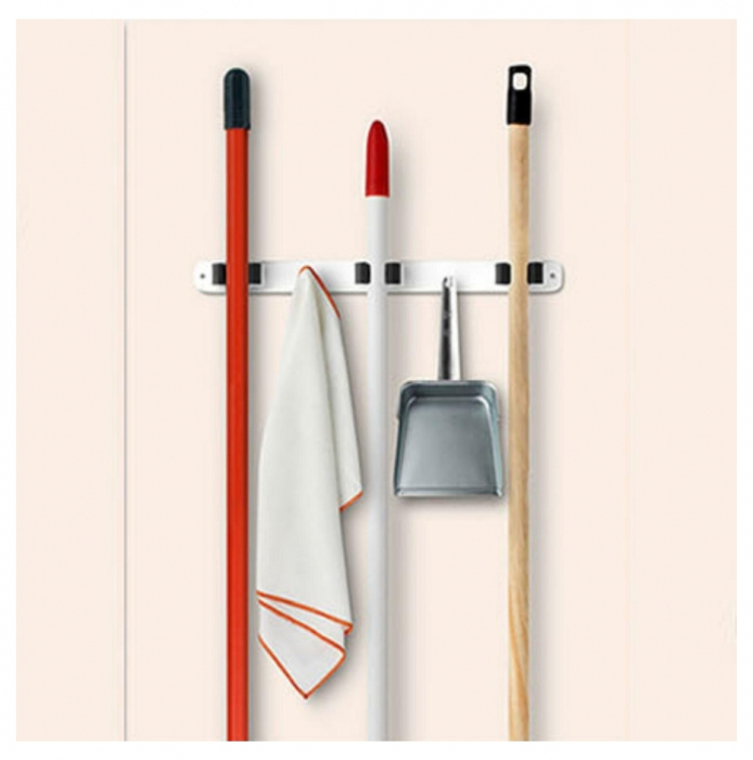 Suport de perete pentru depozitare maturi si mopuri, cu 3 spatii unelte si 2 cuiere pentru faras sau alte ustensile curatenie, accesorii de prindere incluse, 37cm [2]