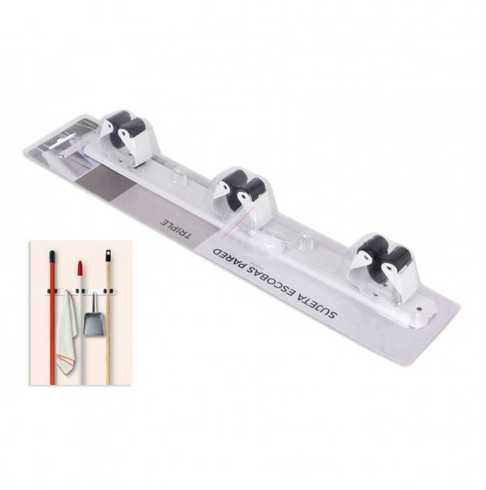 Suport de perete pentru depozitare maturi si mopuri, cu 3 spatii unelte si 2 cuiere pentru faras sau alte ustensile curatenie, accesorii de prindere incluse, 37cm [5]