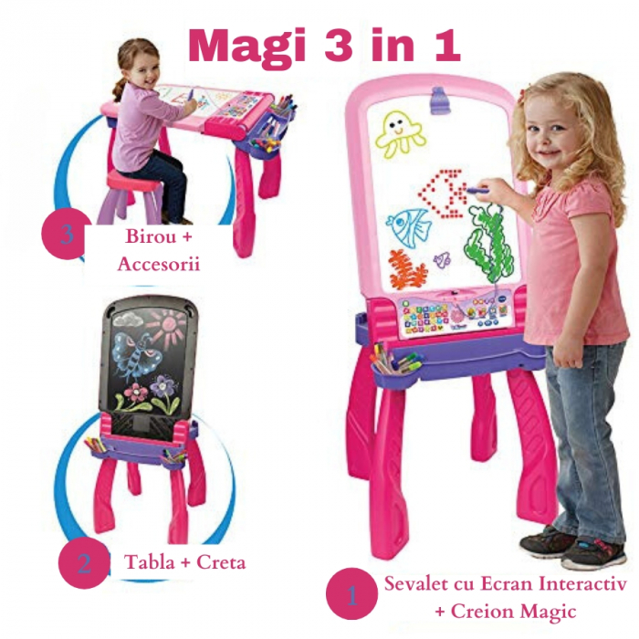 Tabla multifunctionala, Joc Educativ pentru copii, Vtech Magi 3in1, 3 functii: Sevalet Luminos si Muzical cu Creion Magic, Tabla cu Creta, Masa pentru Desen cu accesorii, 3+ ani [2]