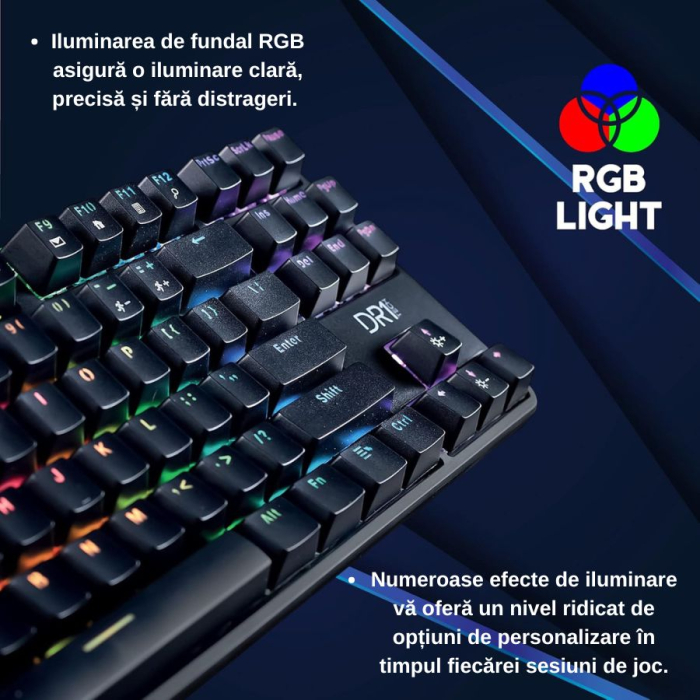 Tastatura mecanica gaming DR1TECH Raven Mechanical TKL, PC/PS4, iluminare RGB, 87 de taste anti-ghosting , cablu USB [2]