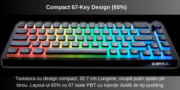Tastatura Mecanica Gaming, G.Skill KM250 RGB 65% (67-Taste), RGB LED, cablu USB Tip C, Negru [5]