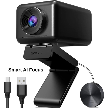 Promotii - Camera Web EMEET- Jupiter, Smart AI Face Detection, 4 Microfoane Reducere Zgomot Incorporat, 1 difuzor, 1080P/30 fps, 96°, Corectie automata a luminii, Auto Framing, Negru