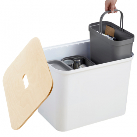 Cosuri - Cos de gunoi triplu Collect SmartStore, pentru colectare selectiva a deseurilor, cu 3 galeti interioare din plastic, capac lemn, alb, 76L, 57x38x42 cm