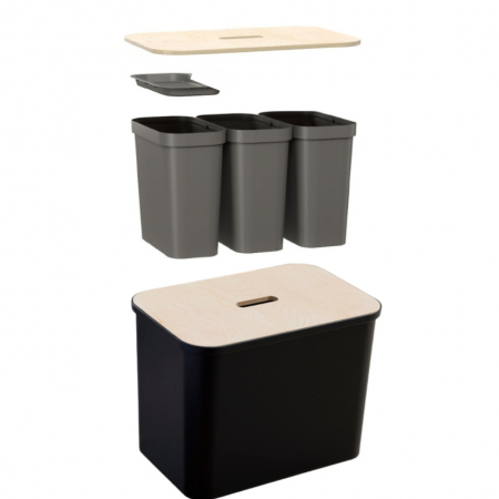 Cos de gunoi, triplu, Collect SmartStore, pentru colectare selectiva a deseurilor, cu 3 galeti interioare din plastic, capac lemn, negru, 76L, 57x38x42 cm [7]