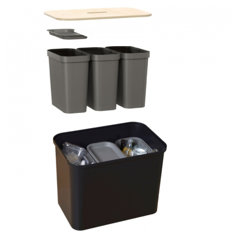Cos de gunoi, triplu, Collect SmartStore, pentru colectare selectiva a deseurilor, cu 3 galeti interioare din plastic, capac lemn, negru, 76L, 57x38x42 cm [5]