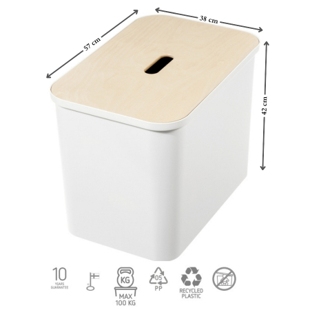 Cos de gunoi triplu Collect SmartStore, pentru colectare selectiva a deseurilor, cu 3 galeti interioare din plastic, capac lemn, alb, 76L, 57x38x42 cm [8]