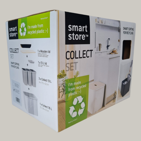 Cos de gunoi triplu Collect SmartStore, pentru colectare selectiva a deseurilor, cu 3 galeti interioare din plastic, capac lemn, alb, 76L, 57x38x42 cm [1]