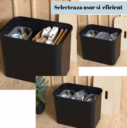 Cos de gunoi, triplu, Collect SmartStore, pentru colectare selectiva a deseurilor, cu 3 galeti interioare din plastic, capac lemn, negru, 76L, 57x38x42 cm [1]