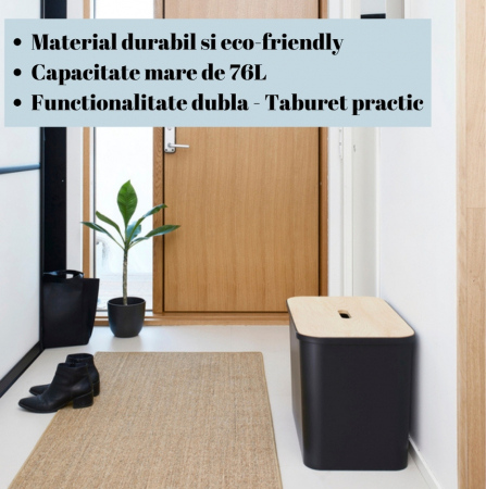 Cos de gunoi, triplu, Collect SmartStore, pentru colectare selectiva a deseurilor, cu 3 galeti interioare din plastic, capac lemn, negru, 76L, 57x38x42 cm [3]
