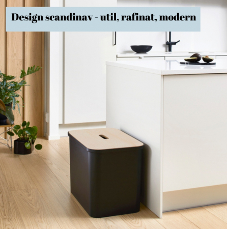 Cos de gunoi, triplu, Collect SmartStore, pentru colectare selectiva a deseurilor, cu 3 galeti interioare din plastic, capac lemn, negru, 76L, 57x38x42 cm [2]