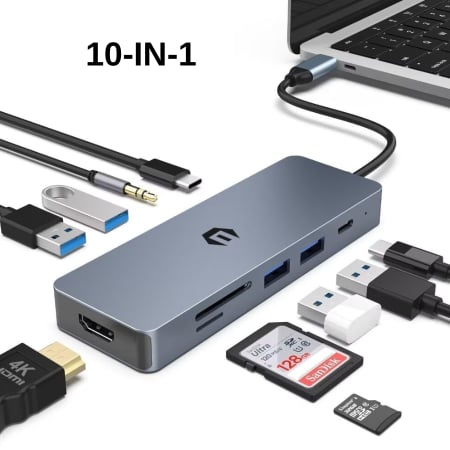 Accesorii IT - Docking Station OOTDAY Hub 10-in-1, USB-C, PD 100W, HDMI 4K, USB 3.0, SD/TF, Audio, Compatibil Laptop USB-C, MacBook Pro/Air, Chromebook, ThinkPad