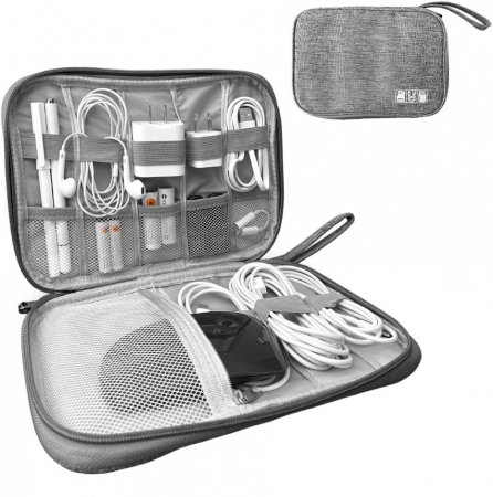 Organizare si Depozitare - Geanta organizatoare pentru cabluri, incarcatoare, casti, accesorii electronice, carduri de memorie, cu curele elastice de prindere., Gri, 24x17x3 cm