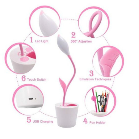 Lampa de birou Led, incarcare USB, , multifunctionala, flexibila 360°, cu suport pixuri, 3 moduri de lumina, Roz, 41 cm [1]