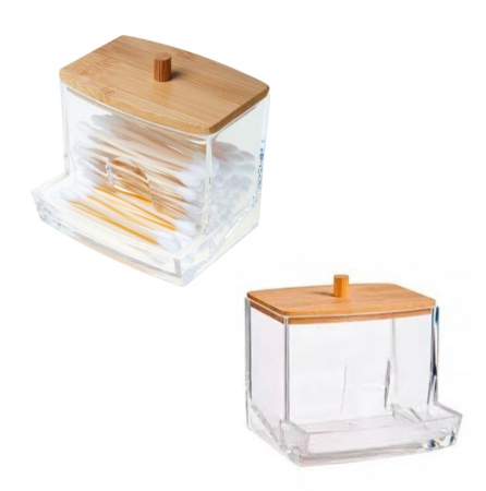 Organizator betisoare urechi, transparent, capac bambus, 9x6,5x8 cm [4]