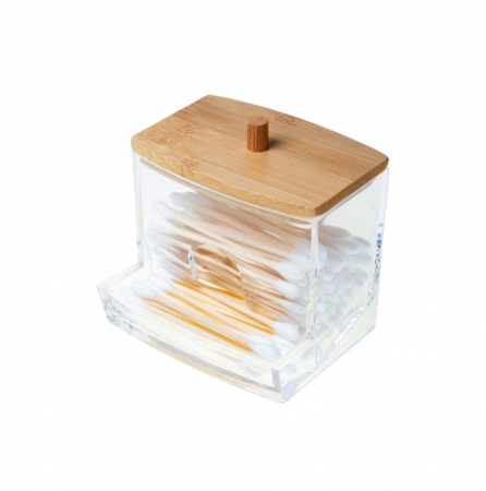 Organizator betisoare urechi, transparent, capac bambus, 9x6,5x8 cm [3]