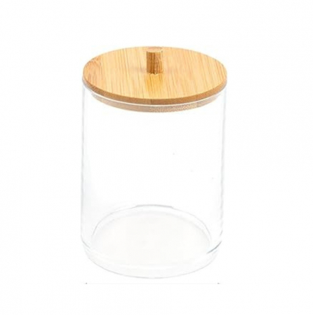 Organizator pentru cosmetice, suport dischete demachiante, depozitare betisoare urechi, transparent, capac bambus, 10x10 cm [8]