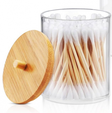 Organizator pentru cosmetice, suport dischete demachiante, depozitare betisoare urechi, transparent, capac bambus, 10x10 cm [6]
