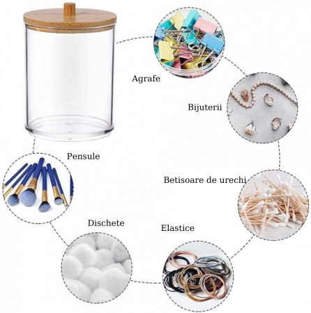 Organizator pentru cosmetice, suport dischete demachiante, depozitare betisoare urechi, transparent, capac bambus, 10x10 cm [3]