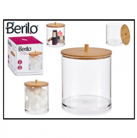 Organizare si Depozitare - Organizator pentru cosmetice, suport dischete demachiante, depozitare betisoare urechi, transparent, capac bambus, 10x10 cm