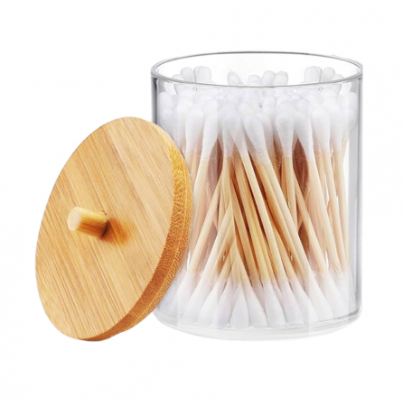 Organizator pentru cosmetice, suport dischete demachiante, depozitare betisoare urechi, transparent, capac bambus, 10x10 cm [9]