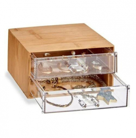 Organizator pentru produse cosmetice, bijuterii, machiaj, cu 2 sertare tansparente, cutie depozitare bambus, 18x10x9,5 cm [1]