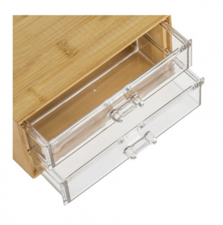 Organizator pentru produse cosmetice, bijuterii, machiaj, cu 2 sertare tansparente, cutie depozitare bambus, 18x10x9,5 cm [3]