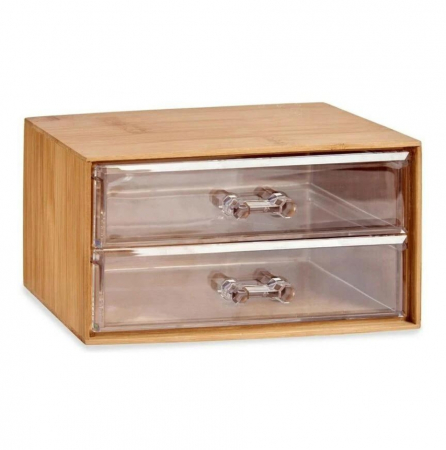 Organizator pentru produse cosmetice, bijuterii, machiaj, cu 2 sertare tansparente, cutie depozitare bambus, 18x10x9,5 cm [2]