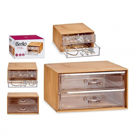 Promotii - Organizator pentru produse cosmetice, bijuterii, machiaj, cu 2 sertare tansparente, cutie depozitare bambus, 18x10x9,5 cm