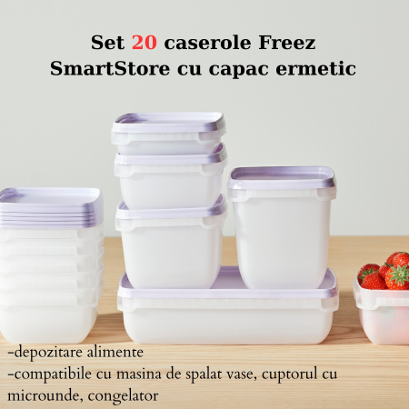 Promotii - Set 20 caserole Freez SmartStore cu capac ermetic, depozitare alimente, Fara BPA