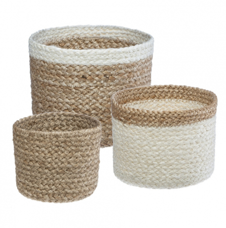 Organizare si Depozitare - Set 3 cosuri depozitare si organizare, impletite din iuta vegetala, diferite dimensiuni, Alb/Bej