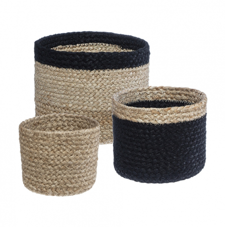 Organizare si Depozitare - Set 3 cosuri depozitare si organizare, impletite din iuta vegetala, diferite dimensiuni, Negru/Bej