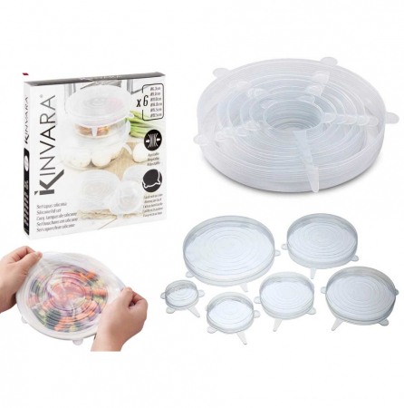 Cutii Alimentare - Set 6 Capace flexibile din Silicon, reutilizabile, extensibile, capac pentru vase/recipiente, transparente, diferite dimensiuni