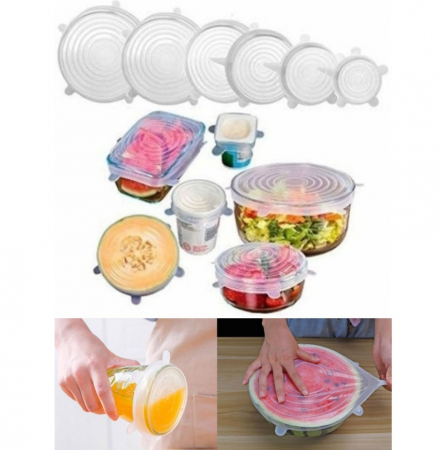 Set 6 Capace flexibile din Silicon, reutilizabile, extensibile, capac pentru vase/recipiente, transparente, diferite dimensiuni [4]
