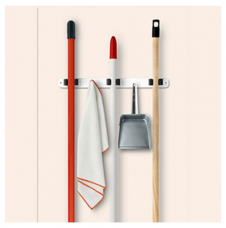 Suport de perete pentru depozitare maturi si mopuri, cu 3 spatii unelte si 2 cuiere pentru faras sau alte ustensile curatenie, accesorii de prindere incluse, 37cm [1]
