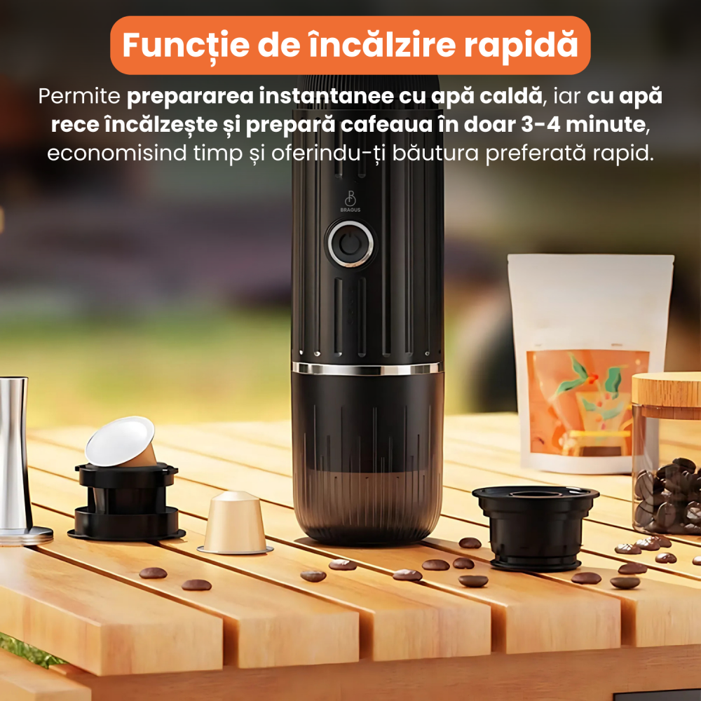 Espressor Portabil 2 in 1, BRAGUS, Premium, Cafea Macinata sau Capsule, Reincarcabil, Presiune 19 Bari, Baterie 7500mAh, Aparat de Cafea Portabil, Functie Incalzire Integrata, Incarcare Rapida Auto sa [4]