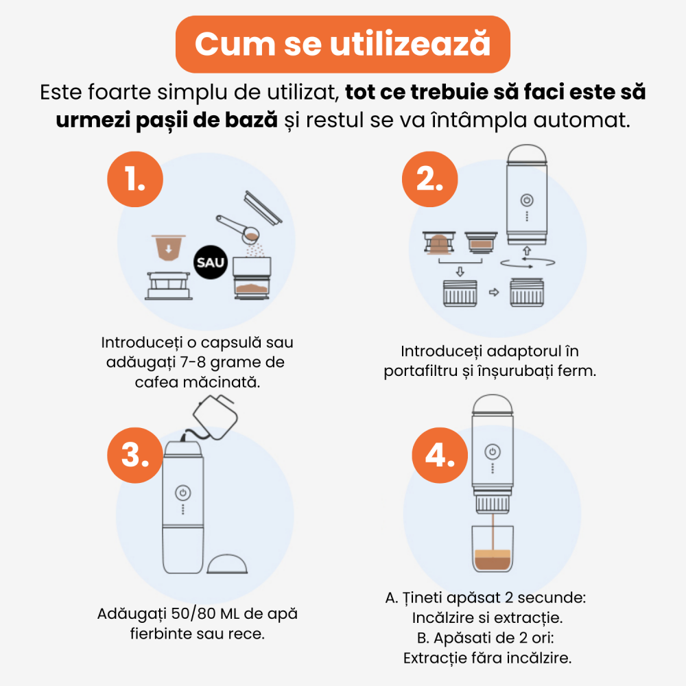 Espressor Portabil 2 in 1, BRAGUS, Premium, Cafea Macinata sau Capsule, Reincarcabil, Presiune 19 Bari, Baterie 7500mAh, Aparat de Cafea Portabil, Functie Incalzire Integrata, Incarcare Rapida Auto sa [6]