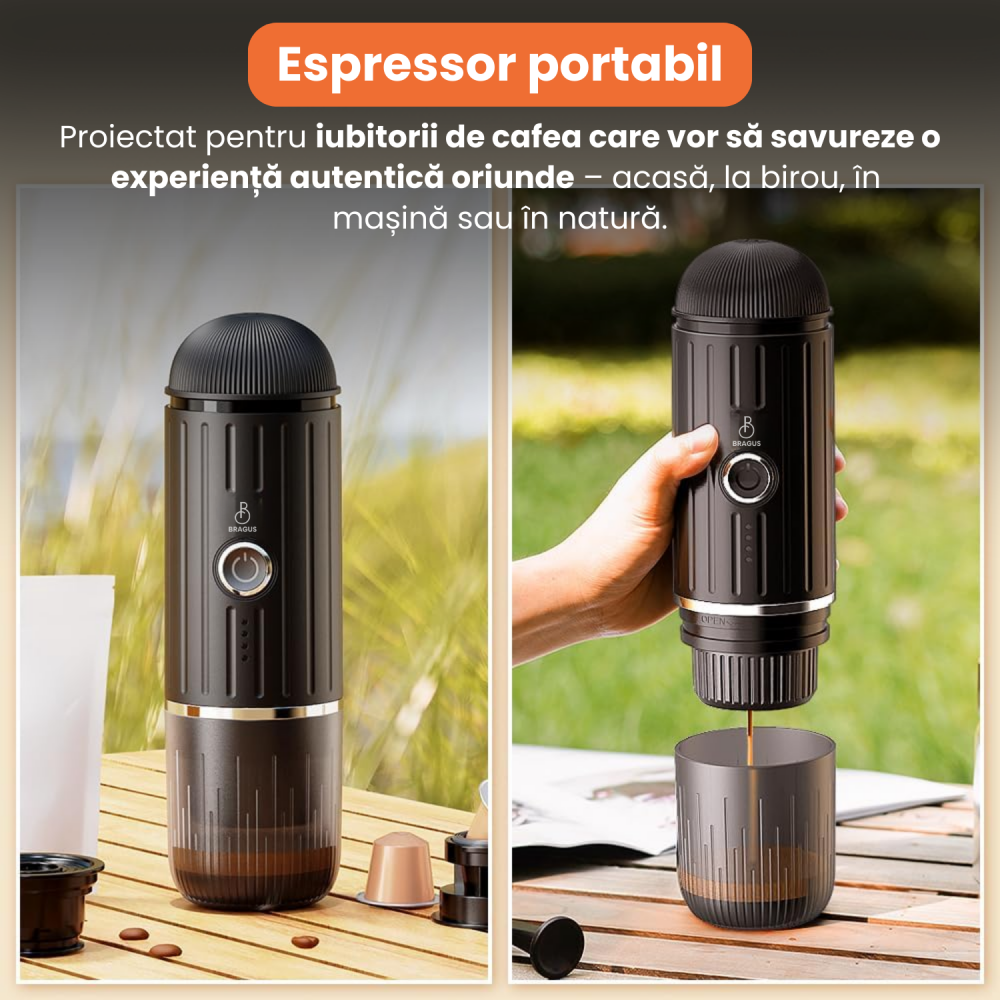 Espressor Portabil 2 in 1, BRAGUS, Premium, Cafea Macinata sau Capsule, Reincarcabil, Presiune 19 Bari, Baterie 7500mAh, Aparat de Cafea Portabil, Functie Incalzire Integrata, Incarcare Rapida Auto sa [2]
