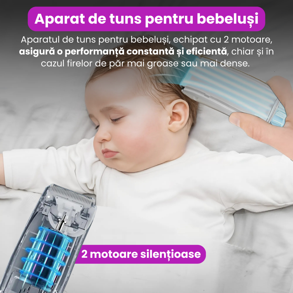 Aparat de Tuns pentru Bebelusi, Copii si Adulti, BRAGUS, 600mAh, 2 Trepte de Viteza, 2 Motoare Silentioase, Functie de Aspirare a Parului, Rezistent la Apa IPX7, Reincarcabil USB, 3 Piepteni Inclusi [2]