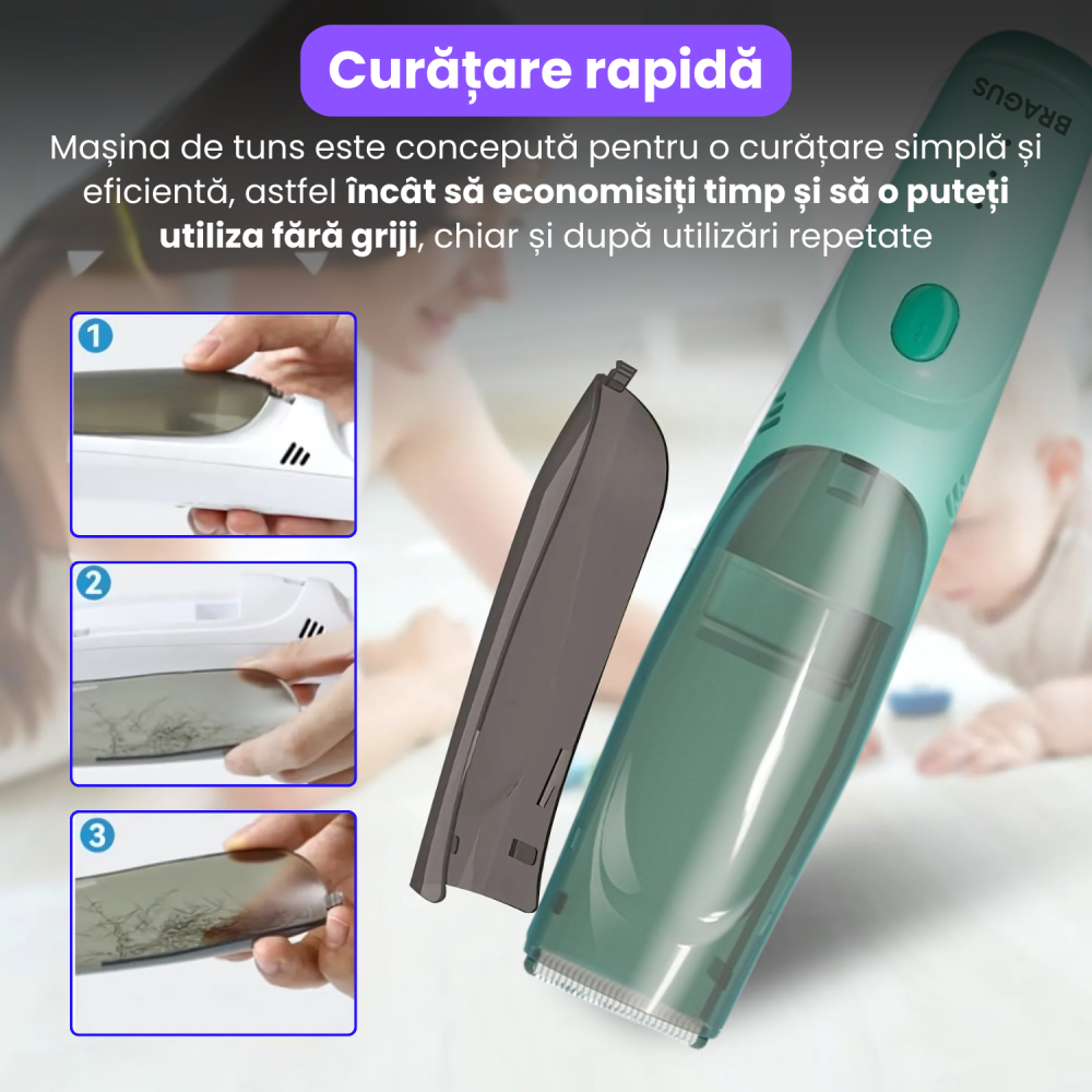 Aparat de Tuns pentru Bebelusi, Copii si Adulti, BRAGUS, 600mAh, 2 Trepte de Viteza, 2 Motoare Silentioase, Functie de Aspirare a Parului, Rezistent la Apa IPX7, Reincarcabil USB, 3 Piepteni Inclusi [4]