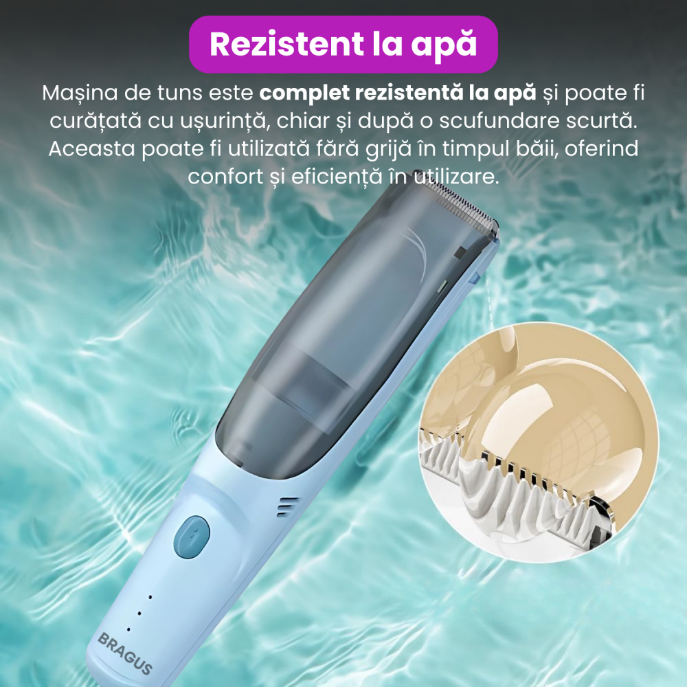 Aparat de Tuns pentru Bebelusi, Copii si Adulti, BRAGUS, 600mAh, 2 Trepte de Viteza, 2 Motoare Silentioase, Functie de Aspirare a Parului, Rezistent la Apa IPX7, Reincarcabil USB, 3 Piepteni Inclusi [3]