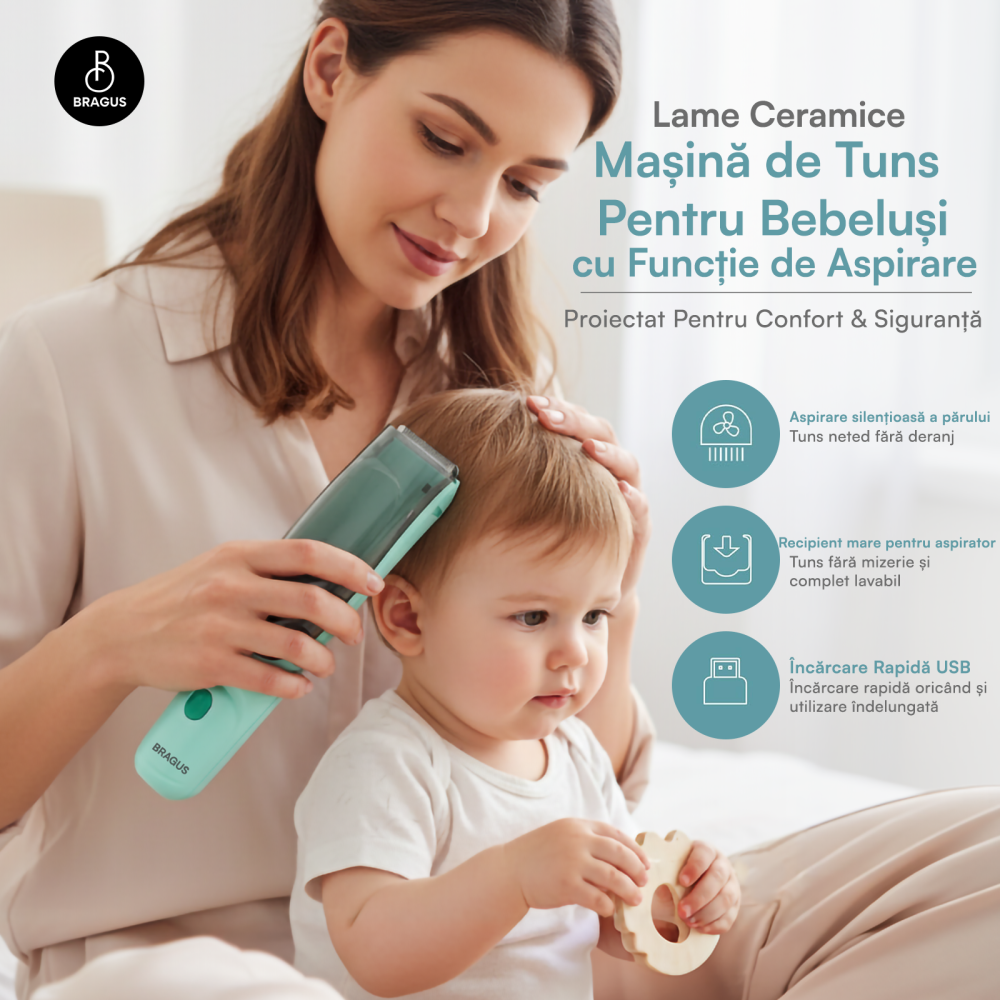 Aparat de Tuns pentru Bebelusi, Copii si Adulti, BRAGUS, 600mAh, 2 Trepte de Viteza, 2 Motoare Silentioase, Functie de Aspirare a Parului, Rezistent la Apa IPX7, Reincarcabil USB, 3 Piepteni Inclusi [2]