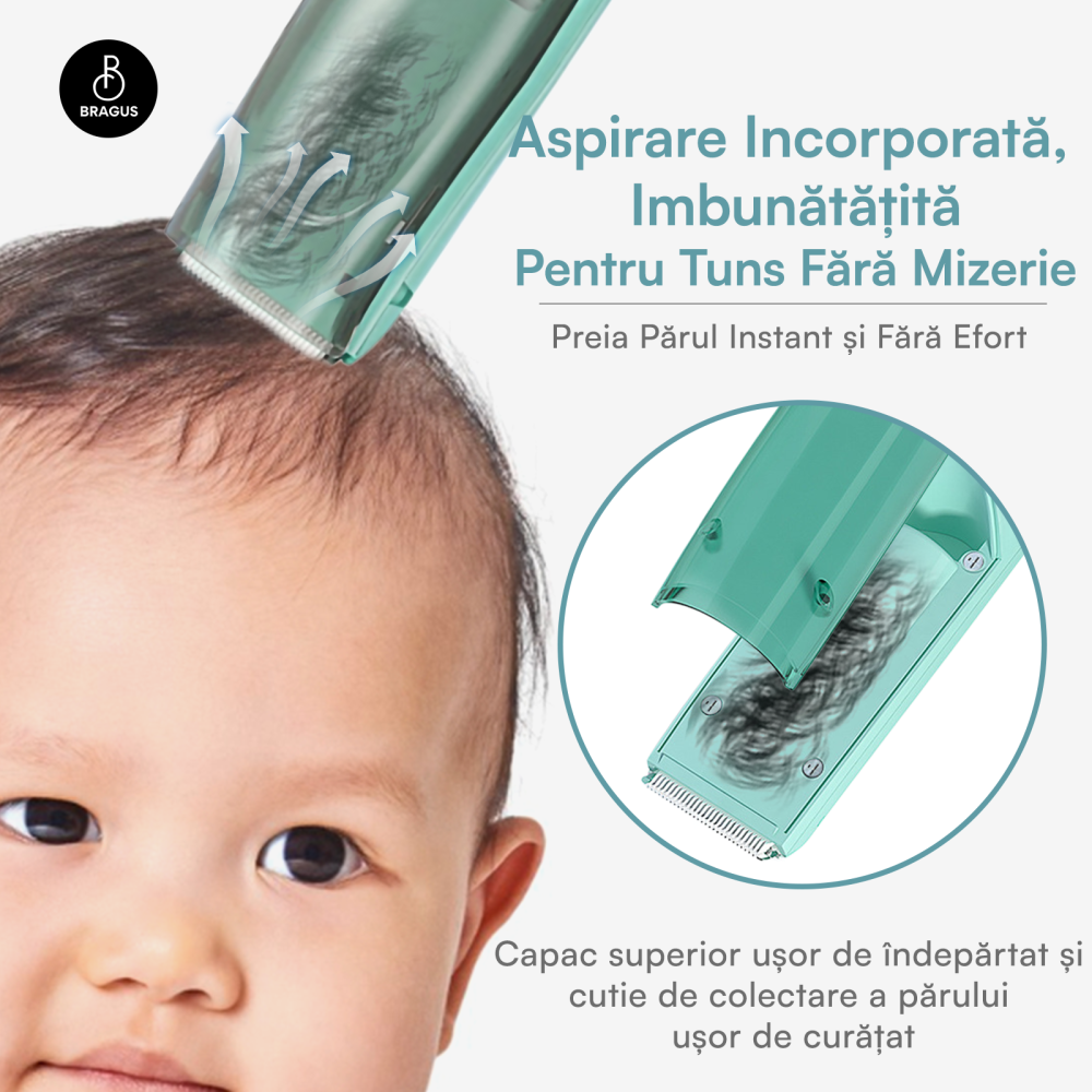 Aparat de Tuns pentru Bebelusi, Copii si Adulti, BRAGUS, 600mAh, 2 Trepte de Viteza, 2 Motoare Silentioase, Functie de Aspirare a Parului, Rezistent la Apa IPX7, Reincarcabil USB, 3 Piepteni Inclusi [6]